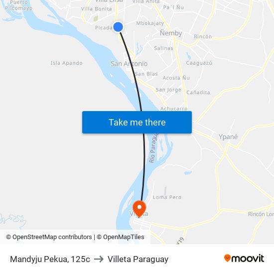 Mandyju Pekua, 125c to Villeta Paraguay map