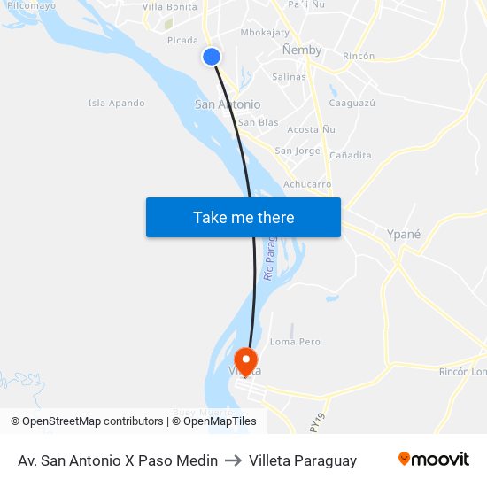 Av. San Antonio X Paso Medin to Villeta Paraguay map