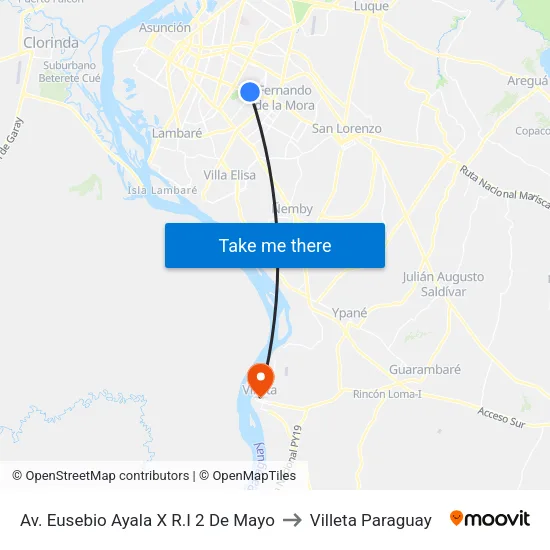 Av. Eusebio Ayala X R.I 2 De Mayo to Villeta Paraguay map