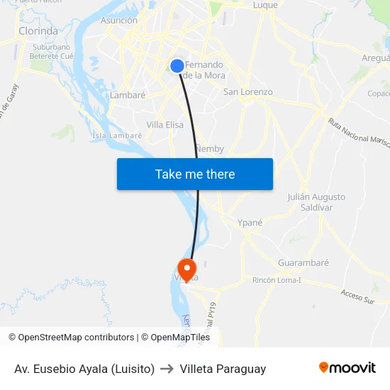 Av. Eusebio Ayala (Luisito) to Villeta Paraguay map