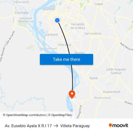 Av. Eusebio Ayala X R.I 17 to Villeta Paraguay map