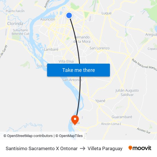 Santísimo Sacramento X Ontonar to Villeta Paraguay map