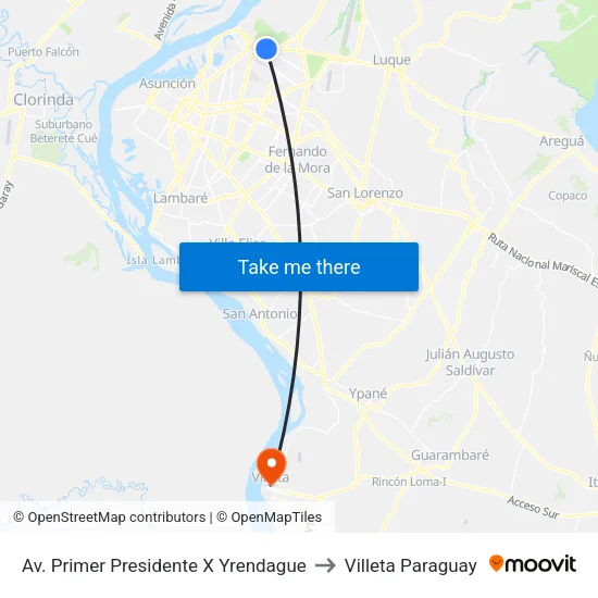 Av. Primer Presidente X Yrendague to Villeta Paraguay map