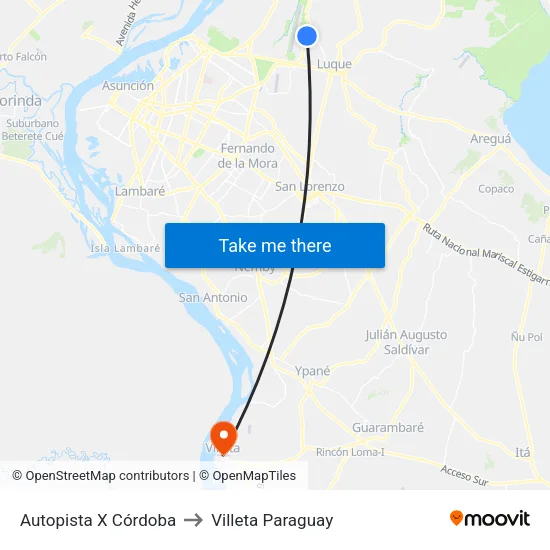 Autopista X Córdoba to Villeta Paraguay map