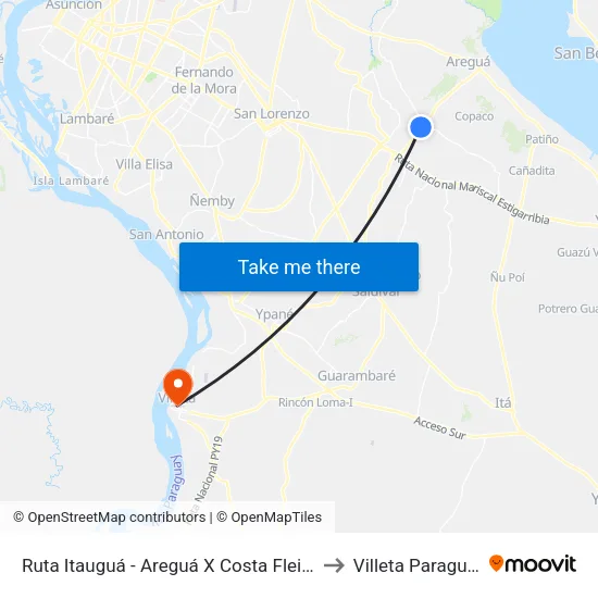 Ruta Itauguá - Areguá X Costa Fleitas to Villeta Paraguay map