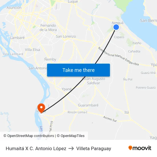 Humaitá X C. Antonio López to Villeta Paraguay map
