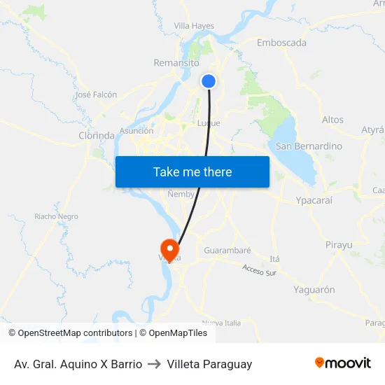 R. Gral. Elizardo Aquino X Agustín Barrios to Villeta Paraguay map