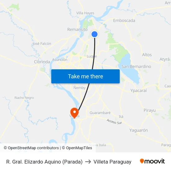 R. Gral. Elizardo Aquino (Parada) to Villeta Paraguay map
