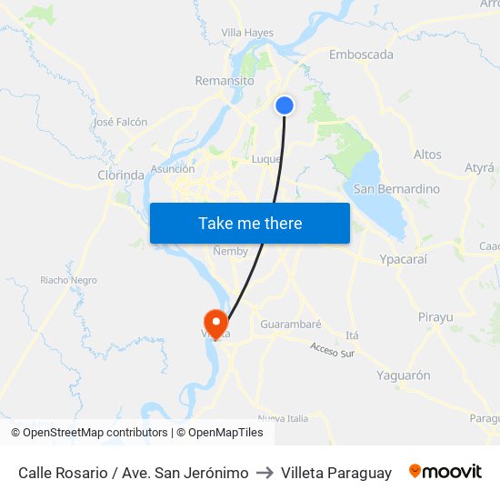 Calle Rosario / Ave. San Jerónimo to Villeta Paraguay map