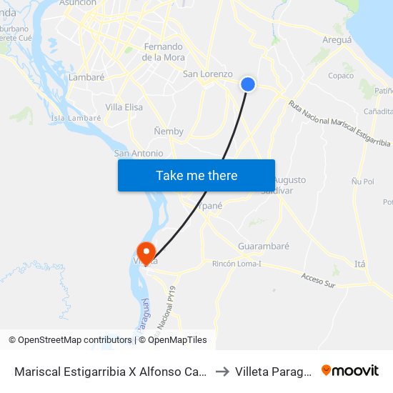 Mariscal Estigarribia X Alfonso Castillo to Villeta Paraguay map