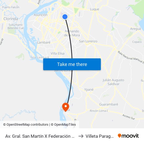 Av. Gral. San Martín X Federación Rusa to Villeta Paraguay map