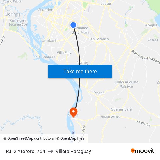 R.I. 2 Ytororo, 754 to Villeta Paraguay map