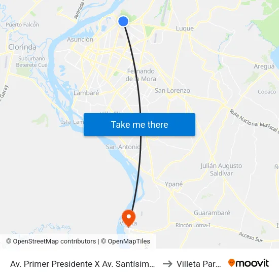 Av. Primer Presidente X Sacramento to Villeta Paraguay map