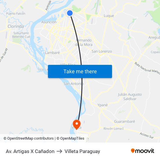 Av. Artigas X Cañadon to Villeta Paraguay map