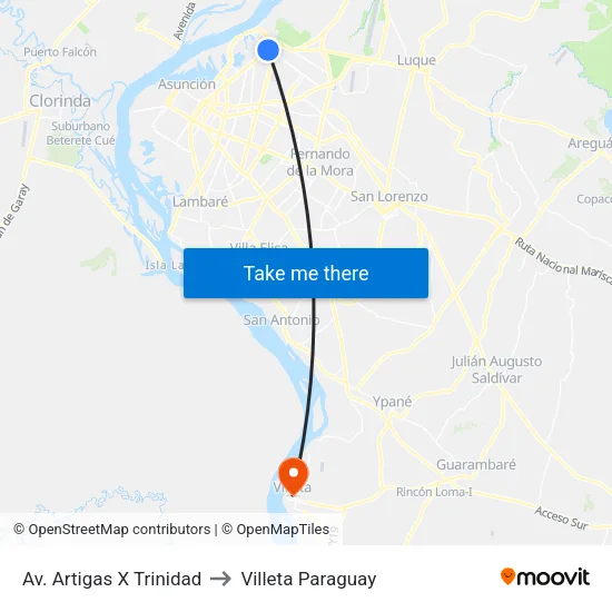 Av. Artigas X Trinidad to Villeta Paraguay map