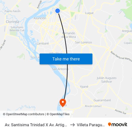 Av. Santísima Trinidad X Av. Artigas to Villeta Paraguay map