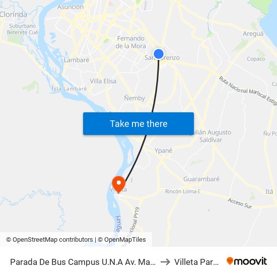 Parada De Bus Campus U.N.A Av. Mariscal López to Villeta Paraguay map