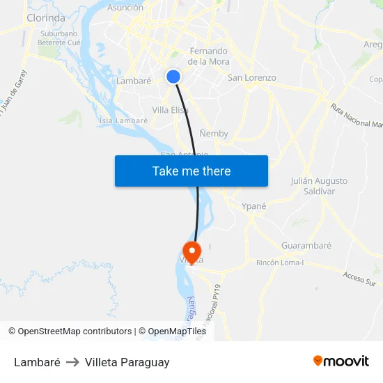 Lambaré to Villeta Paraguay map