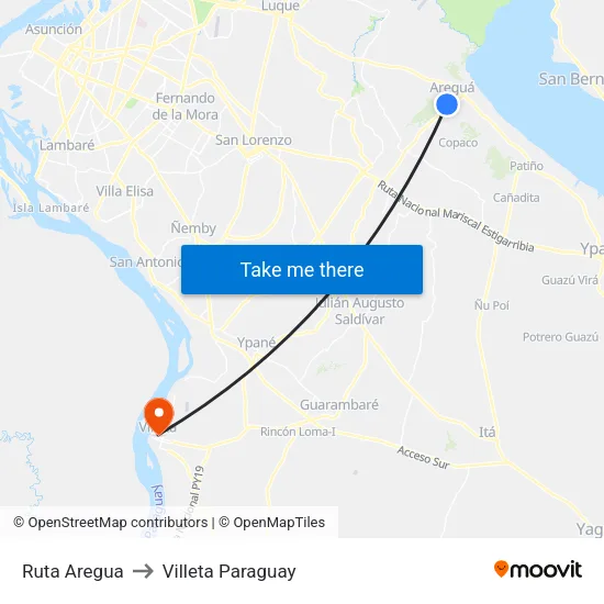 Ruta Aregua to Villeta Paraguay map