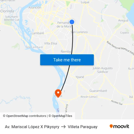 Av. Mariscal López X Pikysyry to Villeta Paraguay map