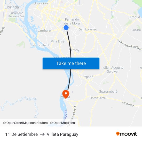 11 De Setiembre to Villeta Paraguay map
