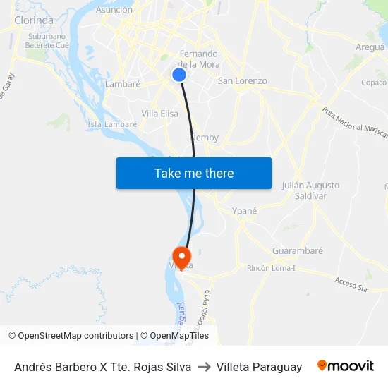 Andrés Barbero X Tte. Rojas Silva to Villeta Paraguay map