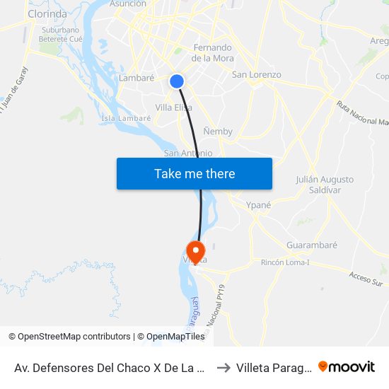 Av. Defensores Del Chaco X De La Victoria to Villeta Paraguay map