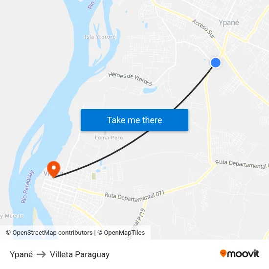 Ypané to Villeta Paraguay map