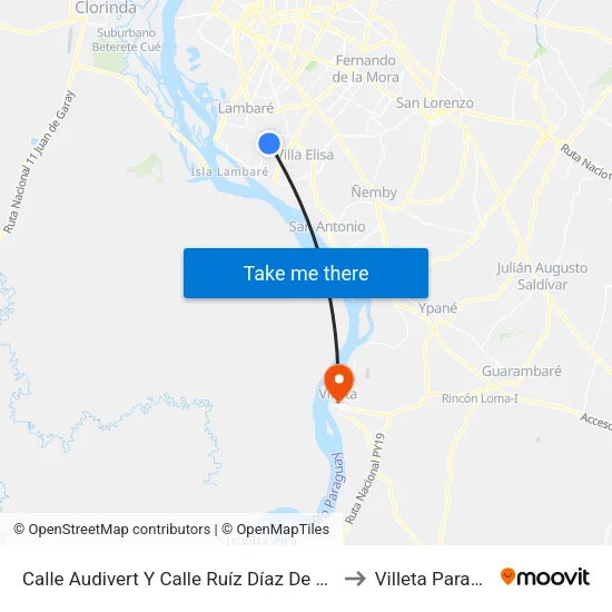Calle Audivert Y Calle Ruíz Díaz De Guzmán to Villeta Paraguay map