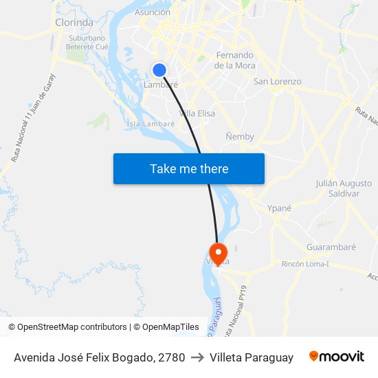 Avenida José Felix Bogado, 2780 to Villeta Paraguay map
