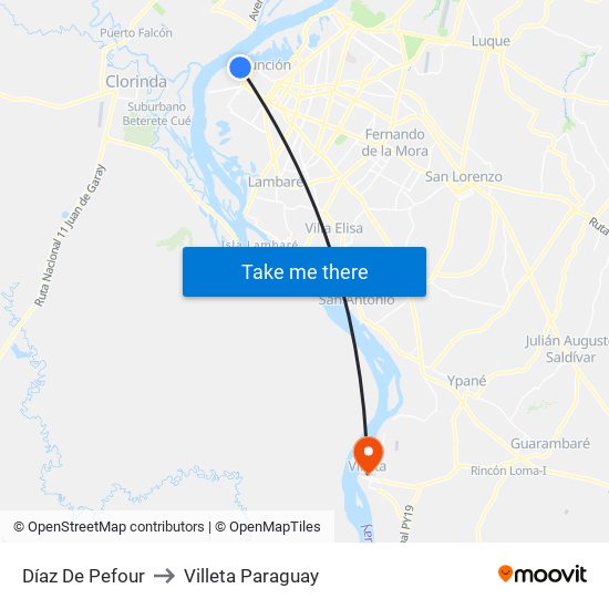 Díaz De Pefour to Villeta Paraguay map