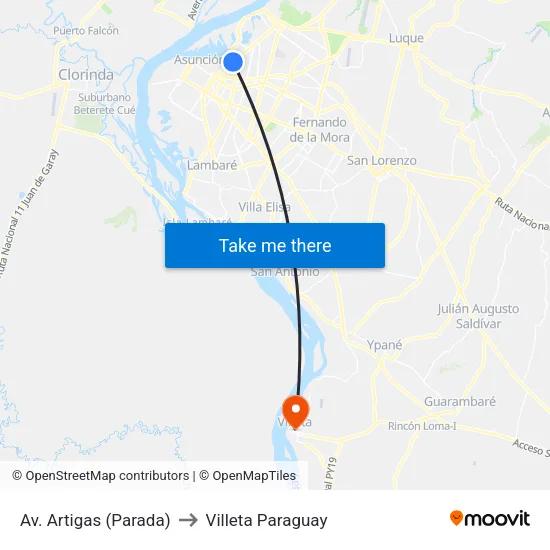 Av. Artigas (Parada) to Villeta Paraguay map