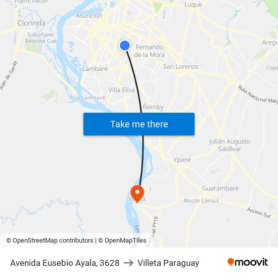 Avenida Eusebio Ayala, 3628 to Villeta Paraguay map