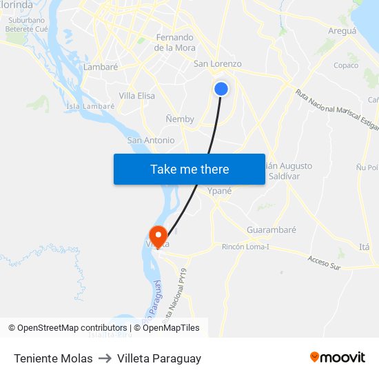 Teniente Molas to Villeta Paraguay map