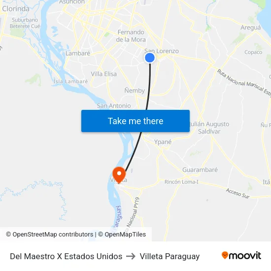 Del Maestro X Estados Unidos to Villeta Paraguay map