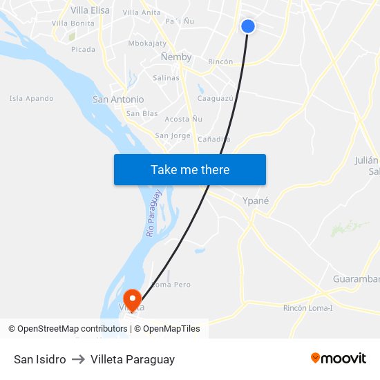 San Isidro to Villeta Paraguay map