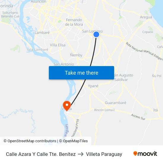 Calle Azara Y Calle Tte. Benítez to Villeta Paraguay map