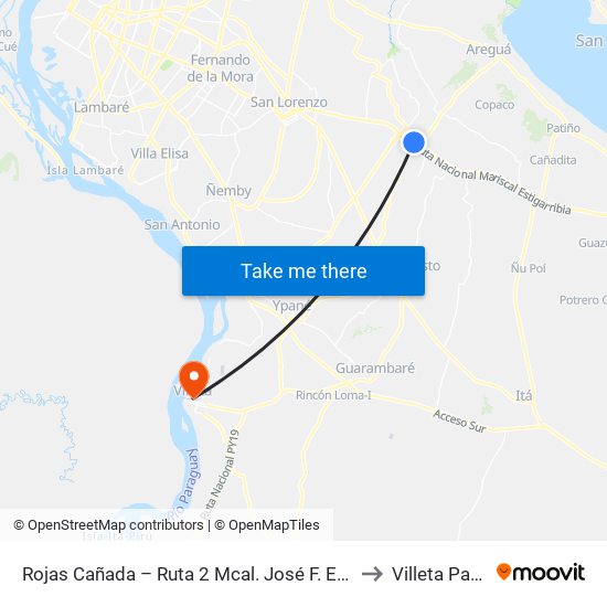 Rojas Cañada – Ruta 2 Mcal. José F. Estigarribia Km. 21 to Villeta Paraguay map
