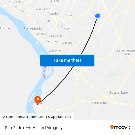 San Pedro to Villeta Paraguay map