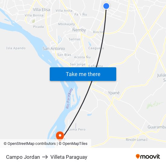 Campo Jordan to Villeta Paraguay map