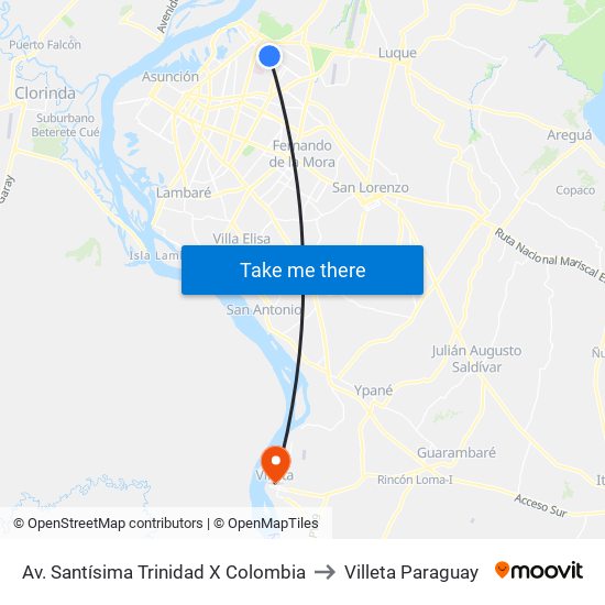 Av. Santísima Trinidad X Colombia to Villeta Paraguay map