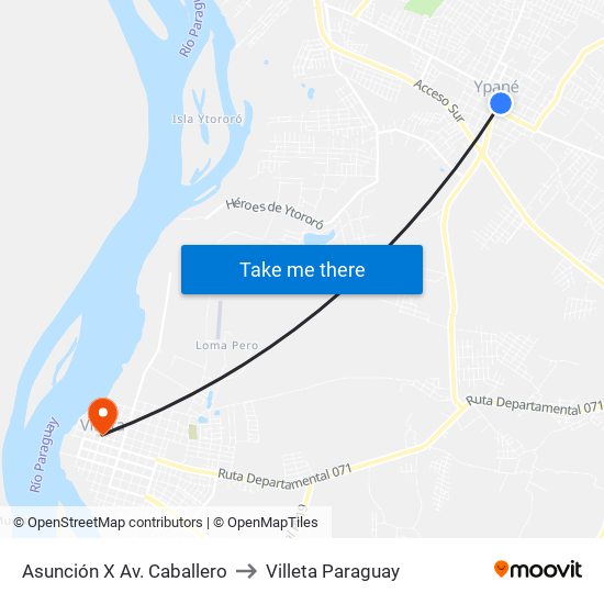 Asunción X Av. Caballero to Villeta Paraguay map