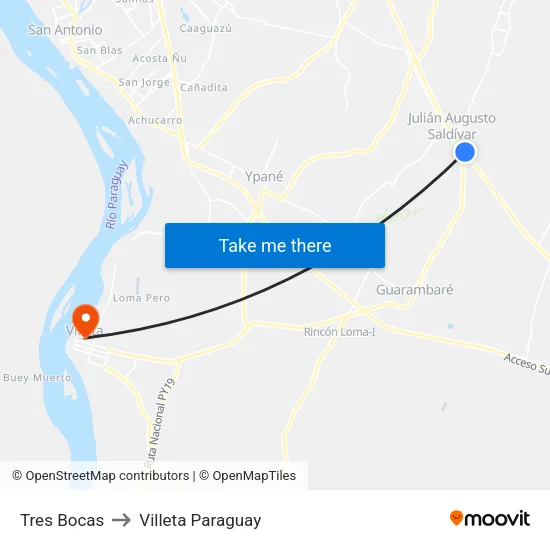 Tres Bocas to Villeta Paraguay map