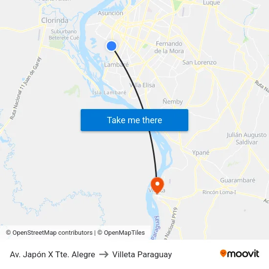 Av. Japón X Tte. Alegre to Villeta Paraguay map