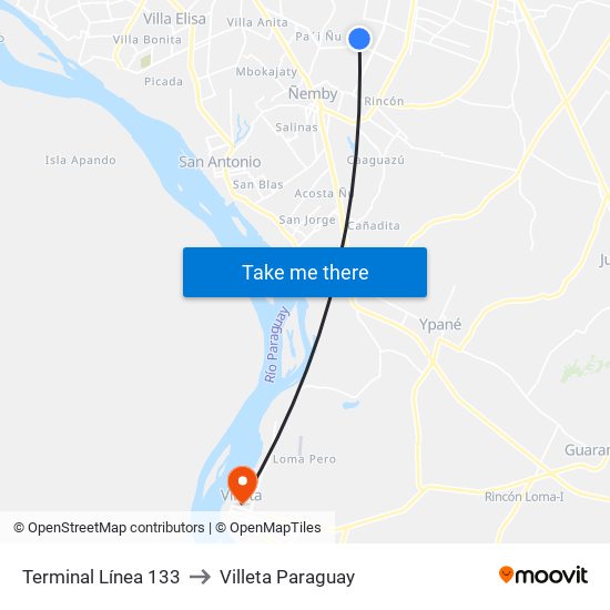 Terminal Línea 133 to Villeta Paraguay map