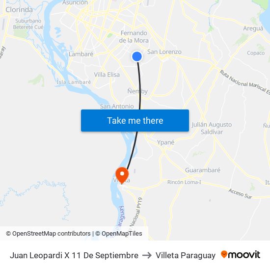 Juan Leopardi X 11 De Septiembre to Villeta Paraguay map