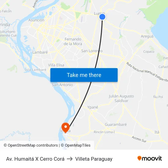 Av. Humaitá X Cerro Corá to Villeta Paraguay map