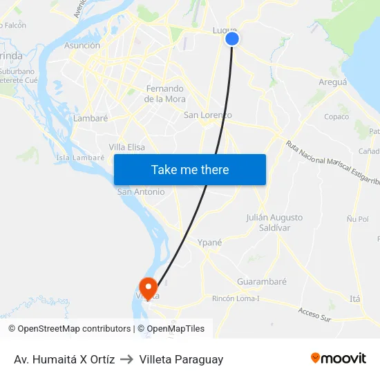 Av. Humaitá X Ortíz to Villeta Paraguay map
