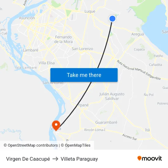 Virgen De Caacupé to Villeta Paraguay map