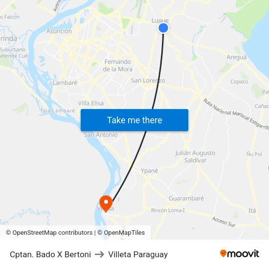 Cptan. Bado X Bertoni to Villeta Paraguay map